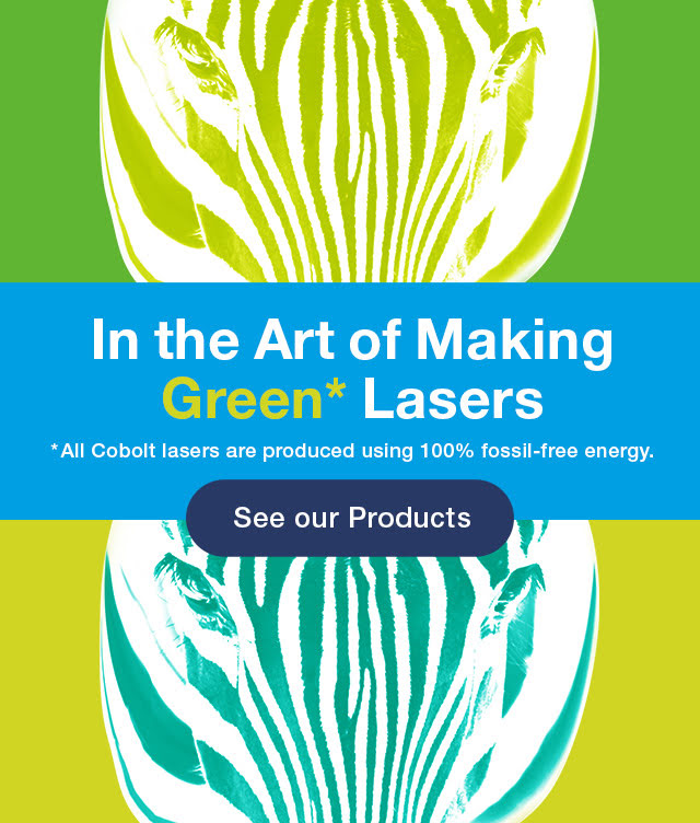 Two zebras in blue and green colors, with the text "In the Art of Making Green* Lasers"