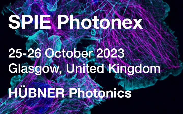 purple microscopy image with white text SPIE Photonex 2023, Scottish Event Campus Glasgow, UK, 25-26th october 2023